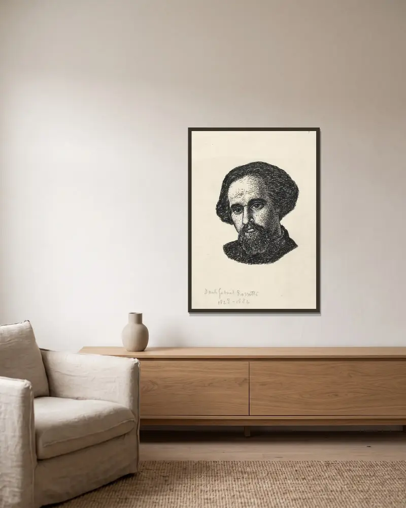 Porträtt av Dante Gabriel Rossetti av Leo Gestel inramad på en vägg