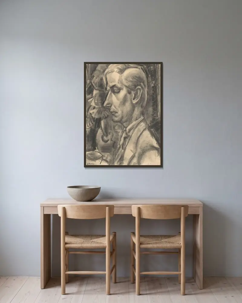 Porträtt av Dé Essers, träsnidare och tecknare av Leo Gestel inramad på en vägg