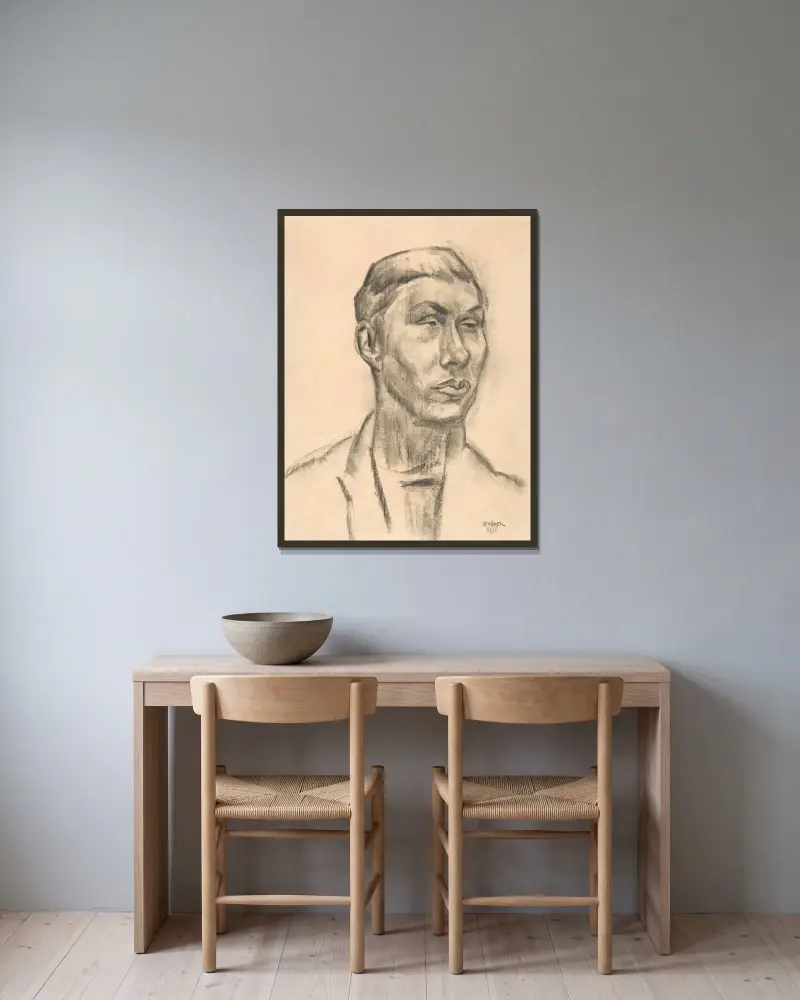 Porträtt av en man, huvudet i trekvartsprofil mot höger av Leo Gestel inramad på en vägg