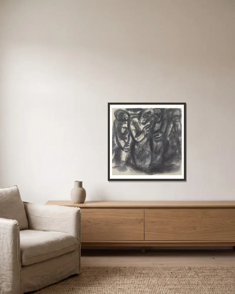 Skizze einer Menschengruppe von Leo Gestel gerahmt an einer Wand