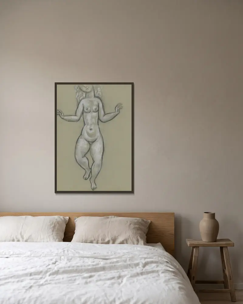 Schetsblad met dansende naakte vrouw av Leo Gestel inramad på en vägg
