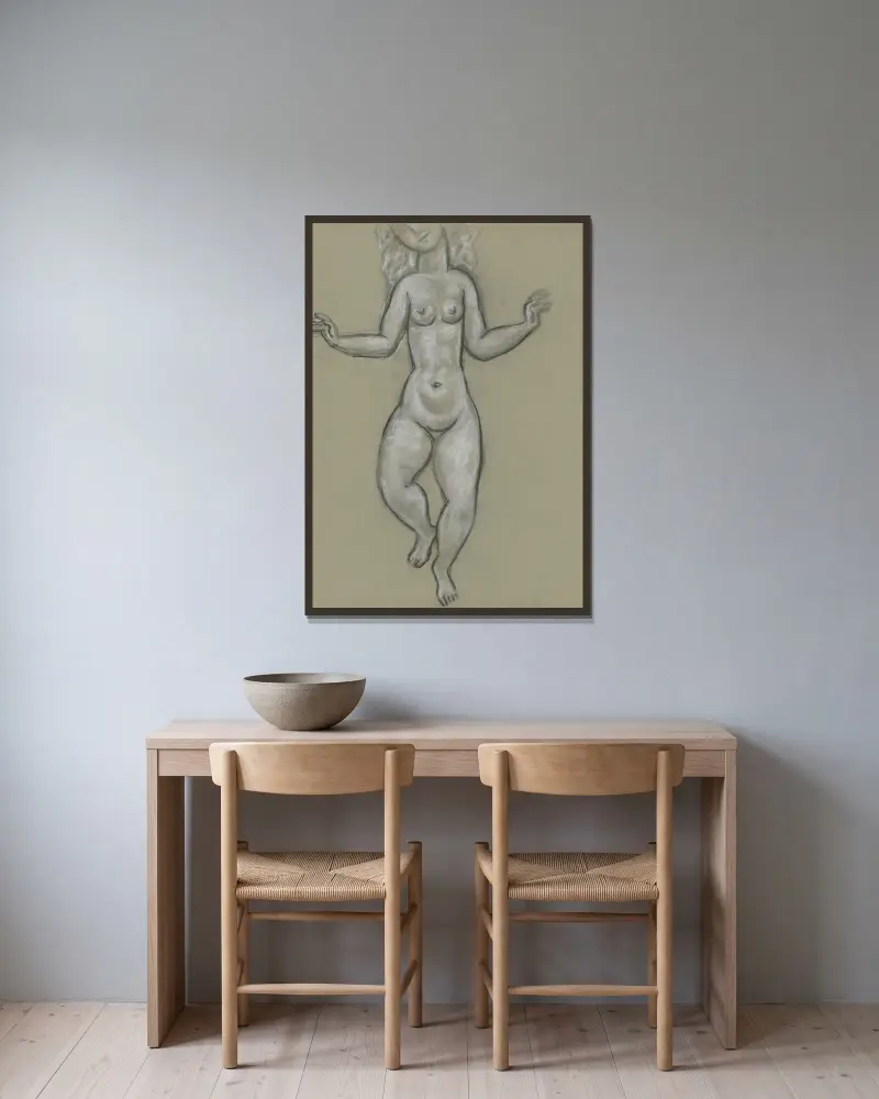 Schetsblad met dansende naakte vrouw av Leo Gestel inramad på en vägg