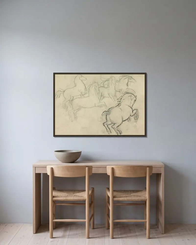 Skissblad med diverse häststudier av Leo Gestel inramad på en vägg