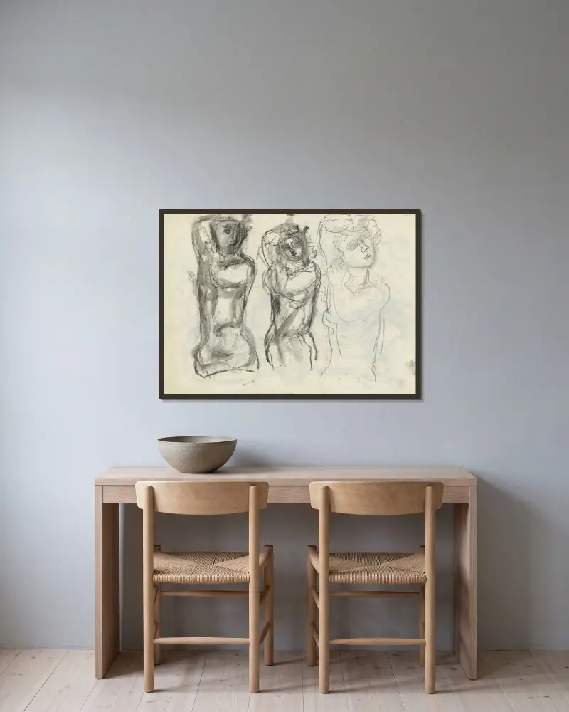 Studieblad med tre naketstudier av Leo Gestel inramad på en vägg