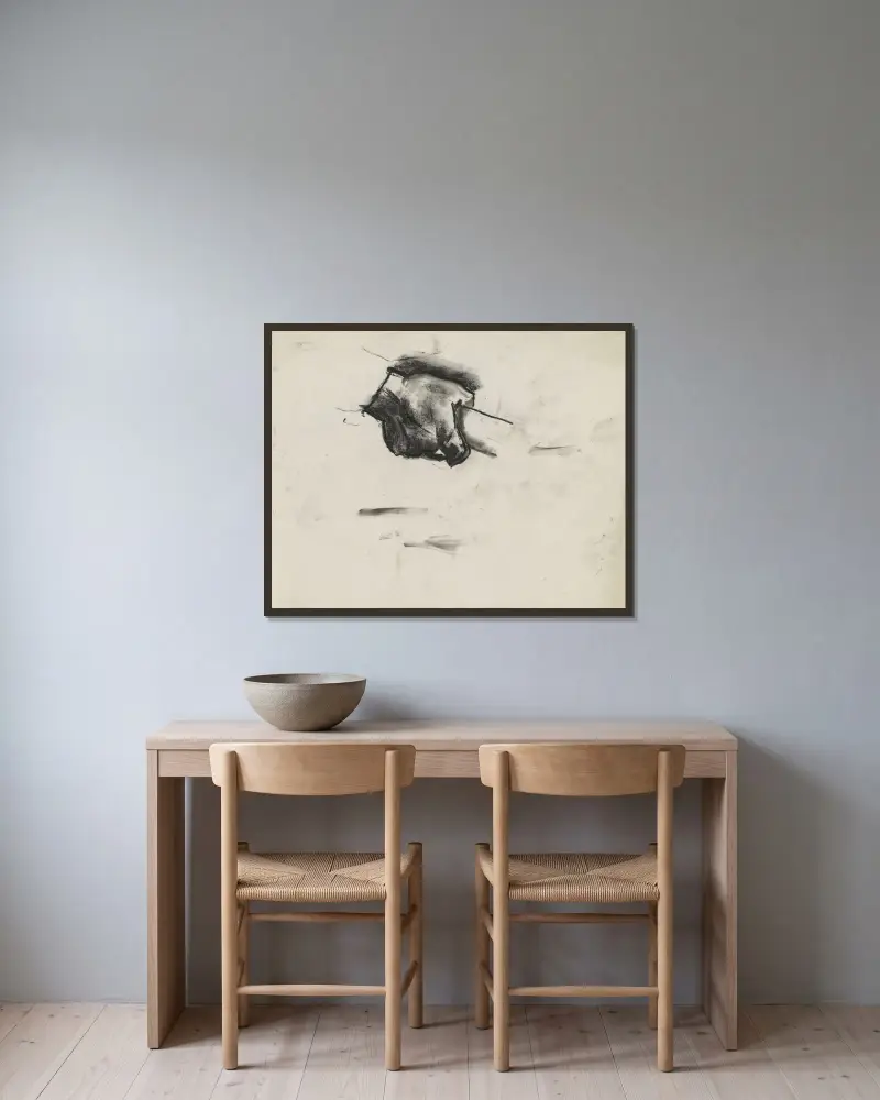 Skissblad med handstudie av Leo Gestel inramad på en vägg