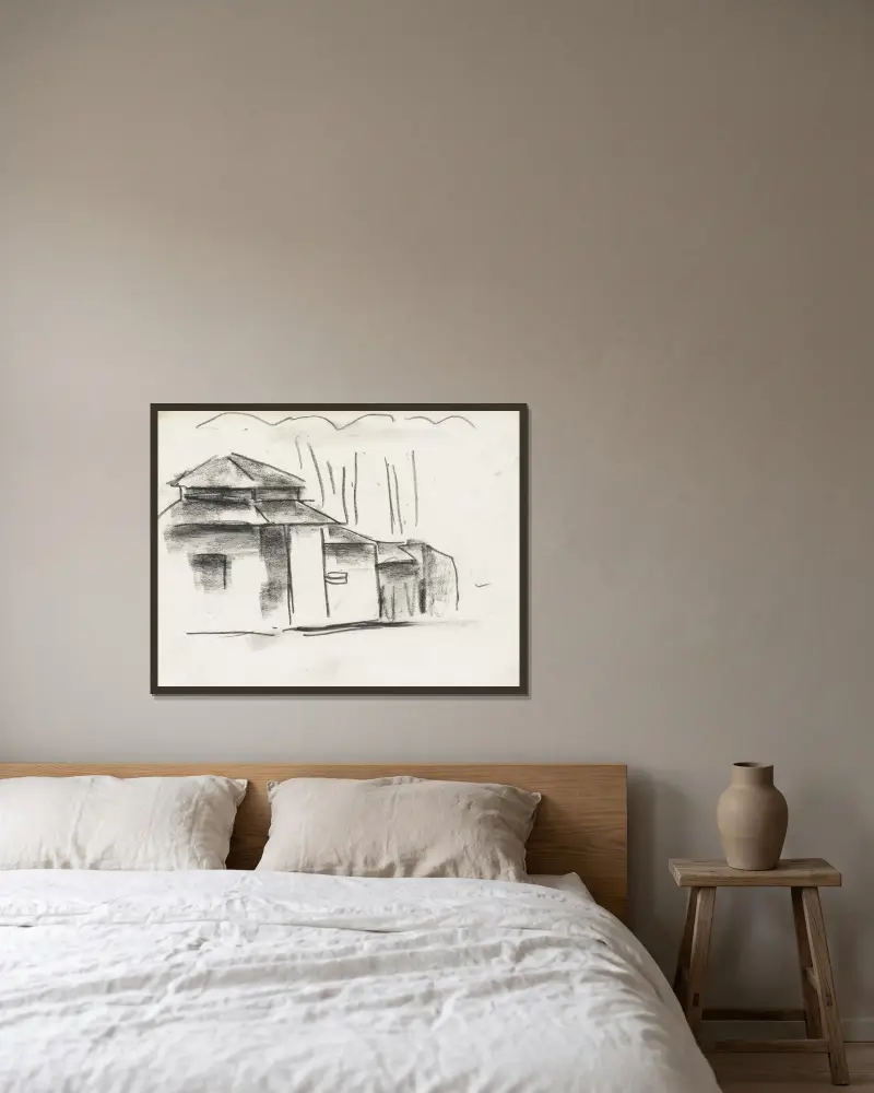Skissblad med hus av Leo Gestel inramad på en vägg