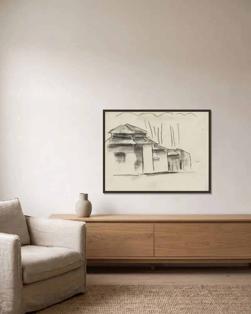 Skizzenblatt mit Haus von Leo Gestel gerahmt an einer Wand