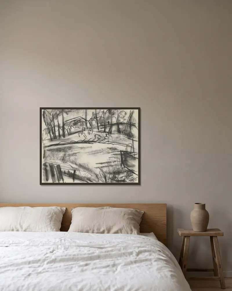 Skissblad med landskap av Leo Gestel inramad på en vägg