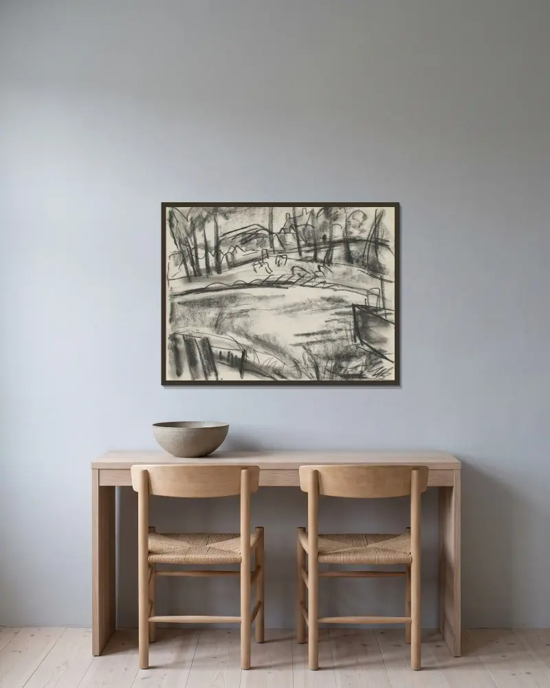 Skissblad med landskap av Leo Gestel inramad på en vägg