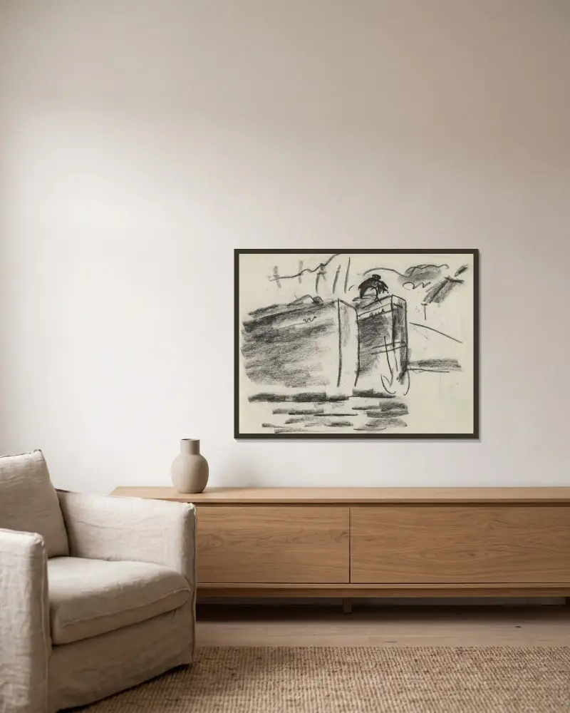 Skissblad med skepp av Leo Gestel inramad på en vägg