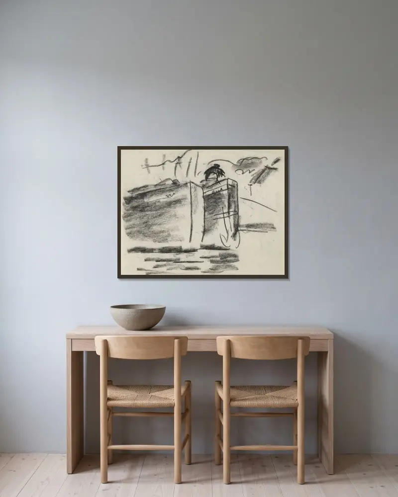 Skissblad med skepp av Leo Gestel inramad på en vägg