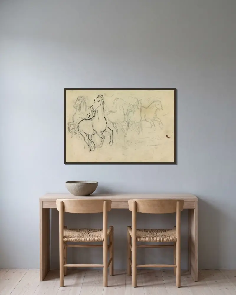 Skissblad med häststudier av Leo Gestel inramad på en vägg