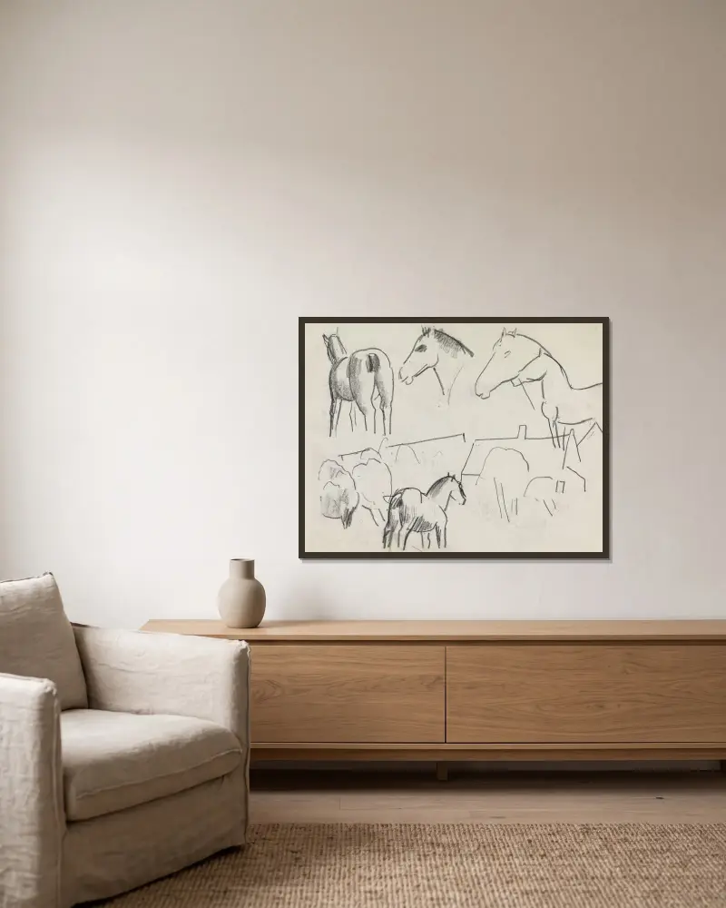 Skissblad med studier av hästar och några hus av Leo Gestel inramad på en vägg