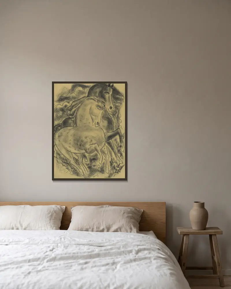 Schetsblad met twee paarden av Leo Gestel inramad på en vägg