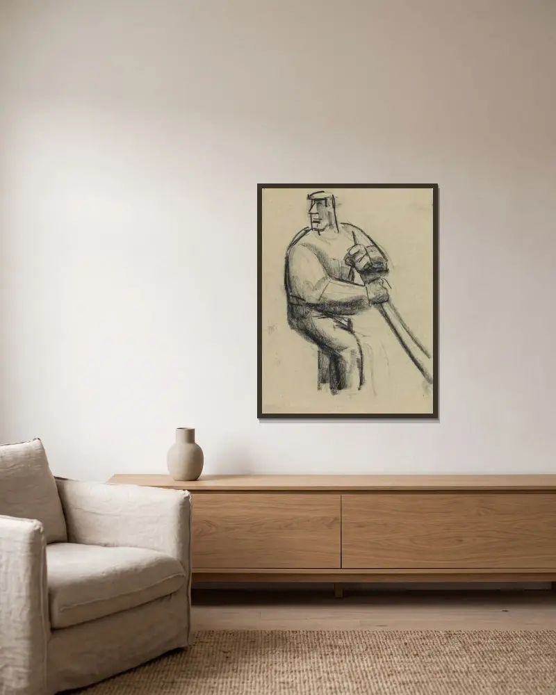 Studieblad med man med käpp i handen av Leo Gestel inramad på en vägg