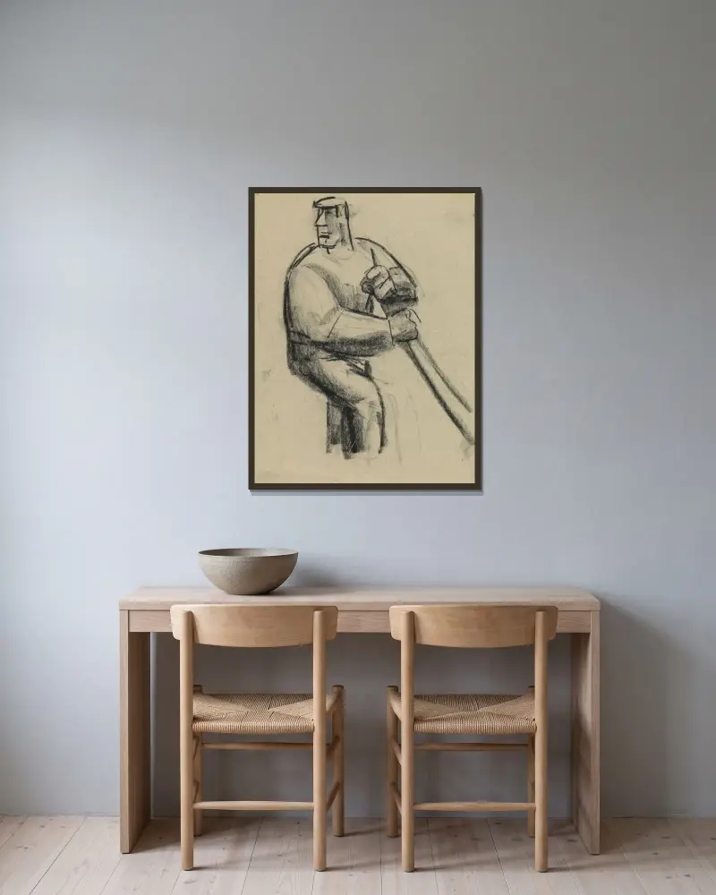 Studieblad med man med käpp i handen av Leo Gestel inramad på en vägg