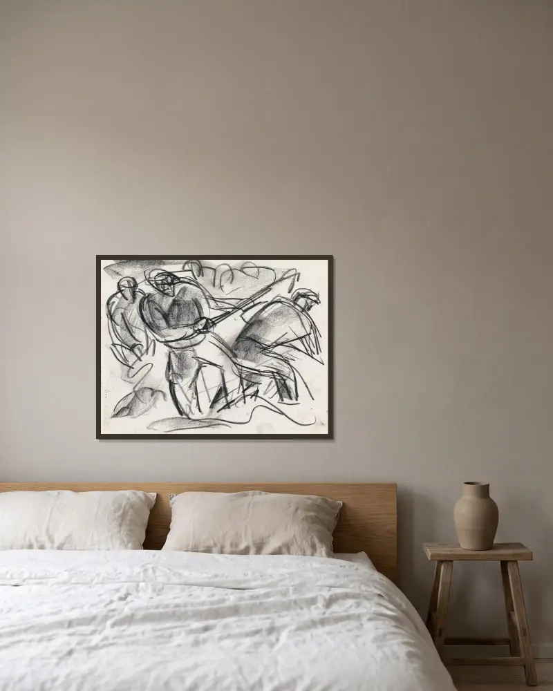 Studieblad med arbetande man av Leo Gestel inramad på en vägg