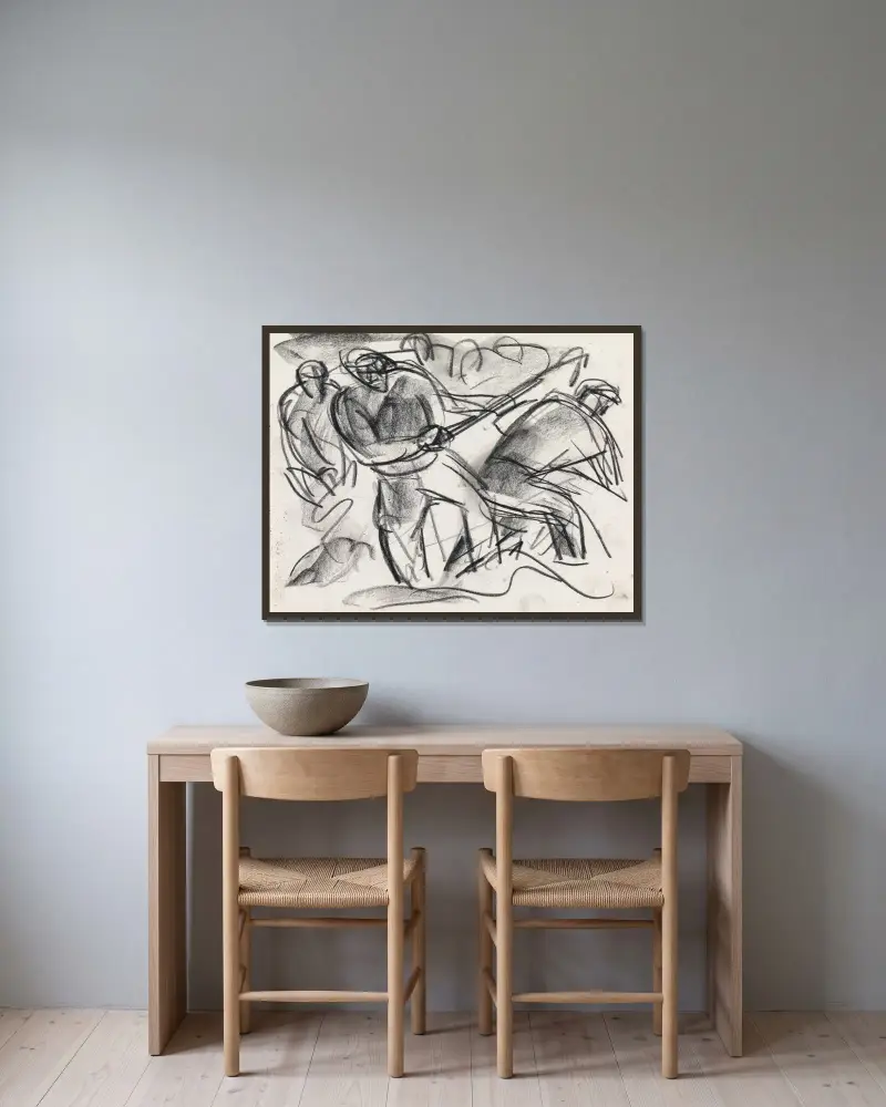 Studieblad med arbetande man av Leo Gestel inramad på en vägg
