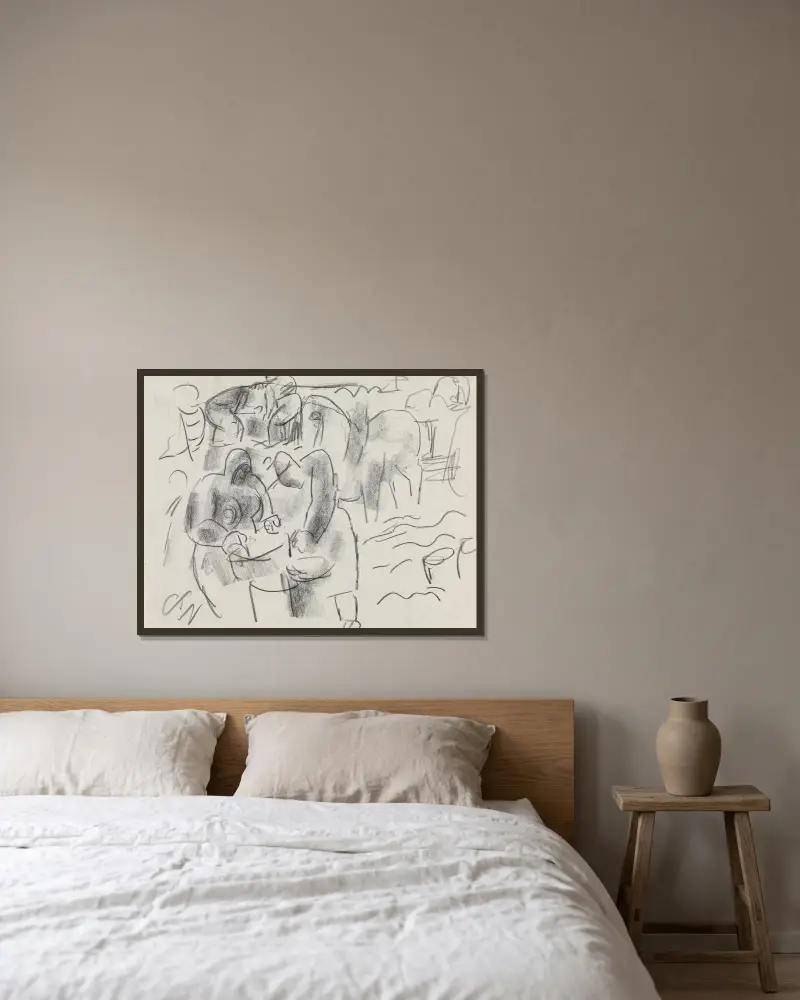 Studieblad med människor och en häst med vagn av Leo Gestel inramad på en vägg