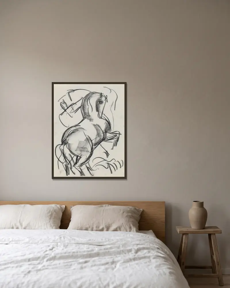 Studieblad med häst 3 av Leo Gestel inramad på en vägg