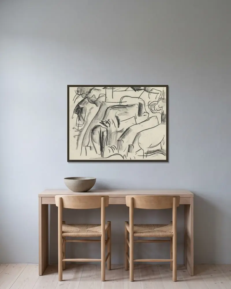 Studieblad med hästar i ett landskap av Leo Gestel inramad på en vägg