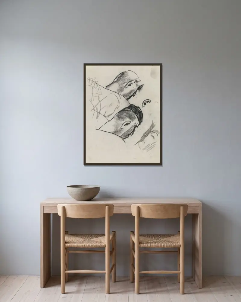Studieblad med skiss av en man av Leo Gestel inramad på en vägg