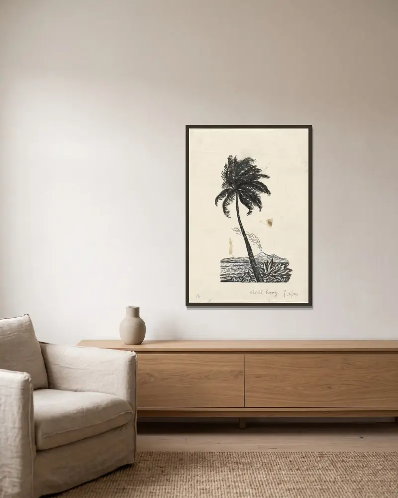Tropiskt landskap med palm och vulkan av Leo Gestel inramad på en vägg