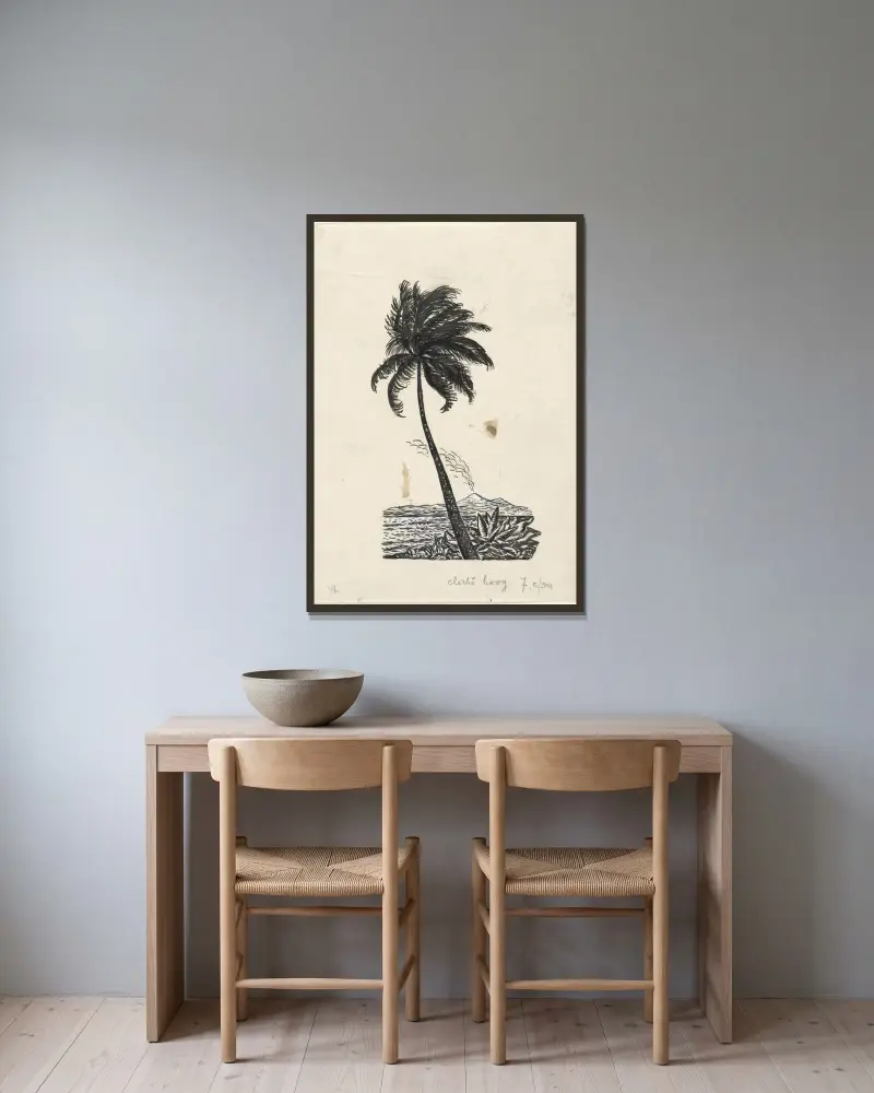 Tropiskt landskap med palm och vulkan av Leo Gestel inramad på en vägg