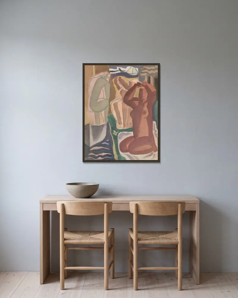 Två badande kvinnor och en ryggfigur av Leo Gestel inramad på en vägg