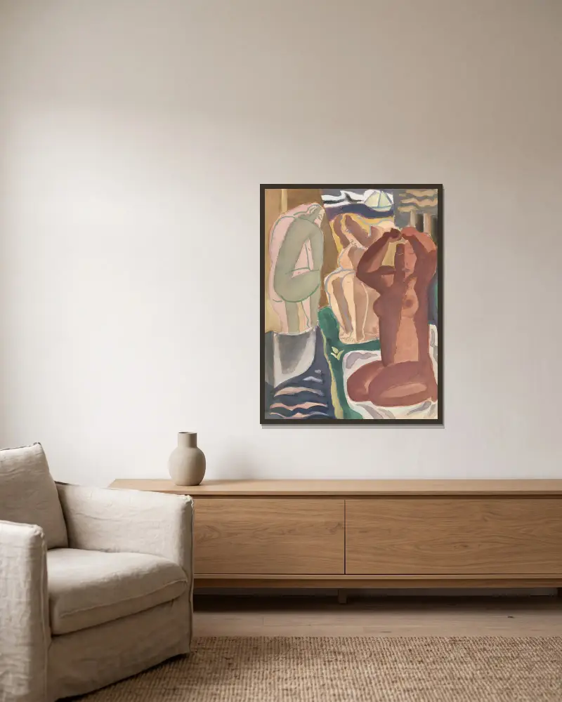 Twee badende vrouwen en een rugfiguur av Leo Gestel inramad på en vägg