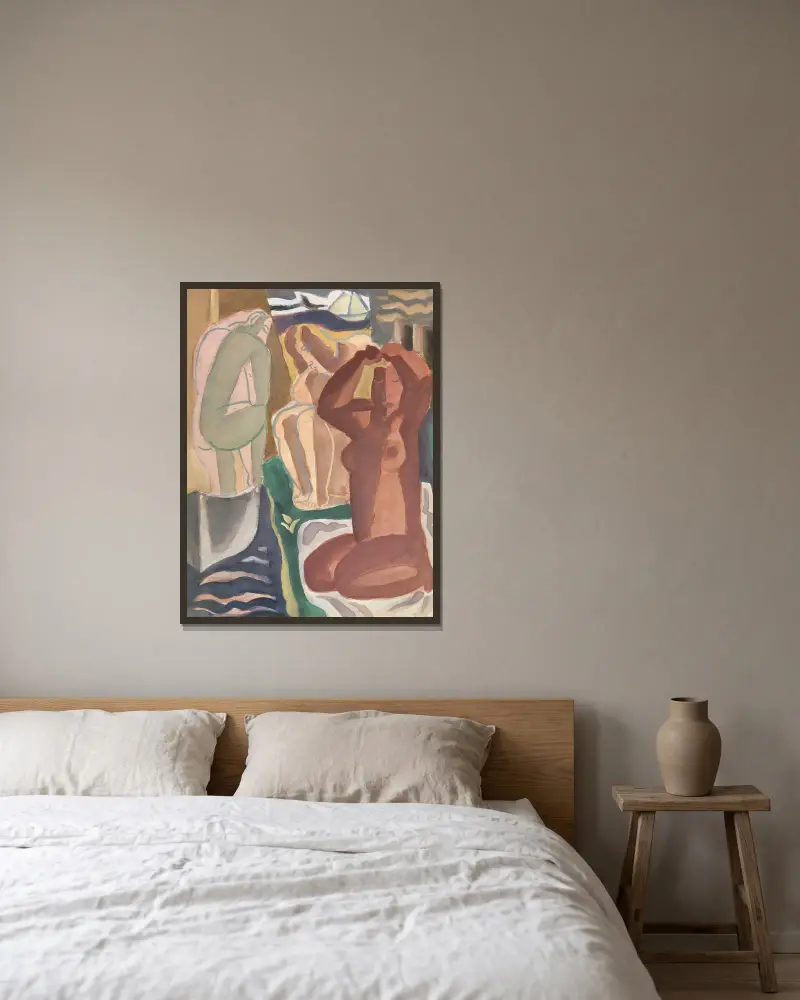 Twee badende vrouwen en een rugfiguur av Leo Gestel inramad på en vägg