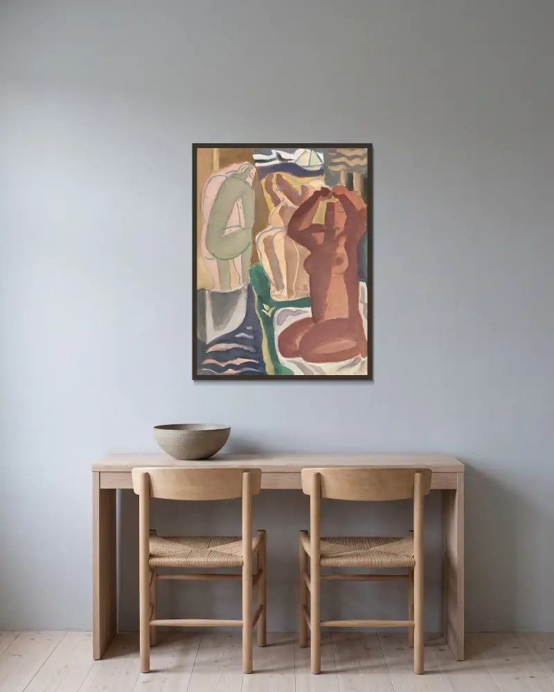 Twee badende vrouwen en een rugfiguur av Leo Gestel inramad på en vägg