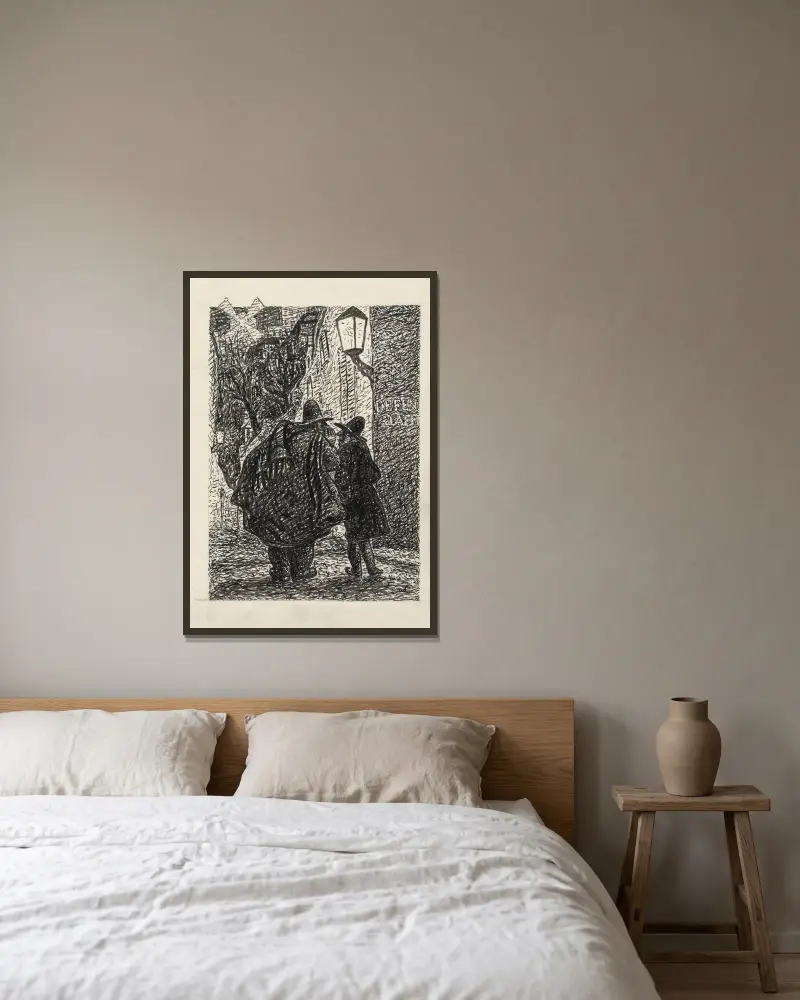Två män på gatan i mörkret av Leo Gestel inramad på en vägg