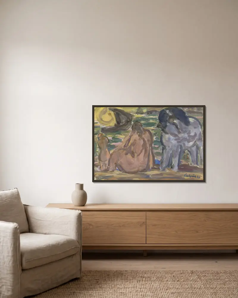 Twee naakte figuren en een paard aan de zee av Leo Gestel inramad på en vägg