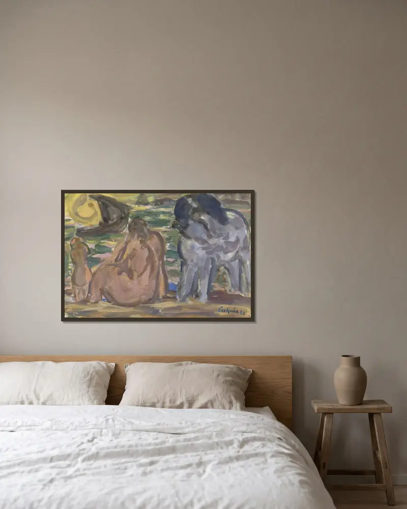 Twee naakte figuren en een paard aan de zee av Leo Gestel inramad på en vägg