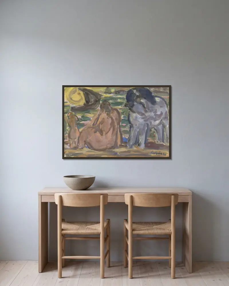 Twee naakte figuren en een paard aan de zee av Leo Gestel inramad på en vägg