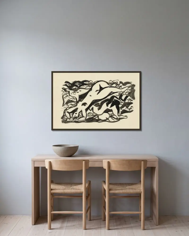 Komposition med en häst och naken kvinna i havet av Leo Gestel inramad på en vägg