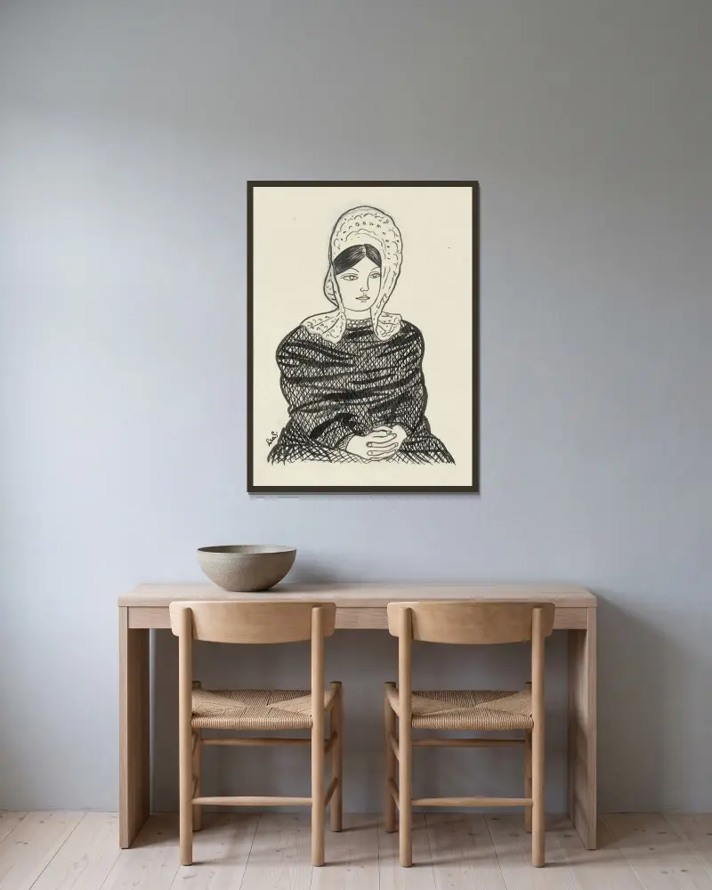 Kvinna med hätta på huvudet av Leo Gestel inramad på en vägg