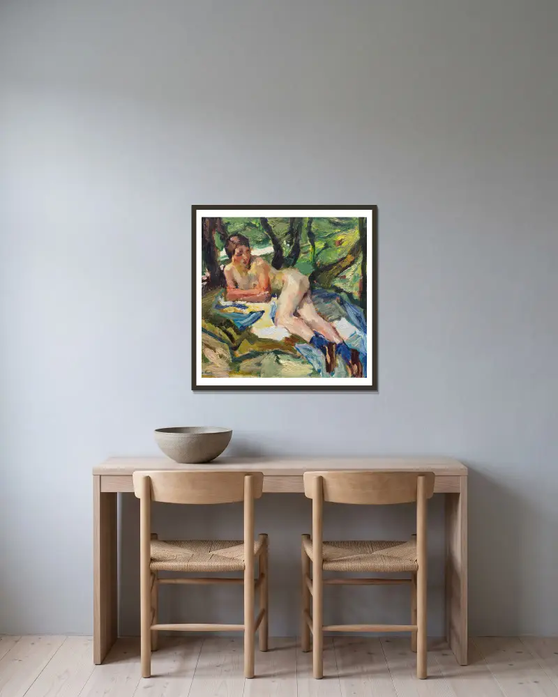 Aktstudie zu den Badenden II av Leo Putz inramad på en vägg