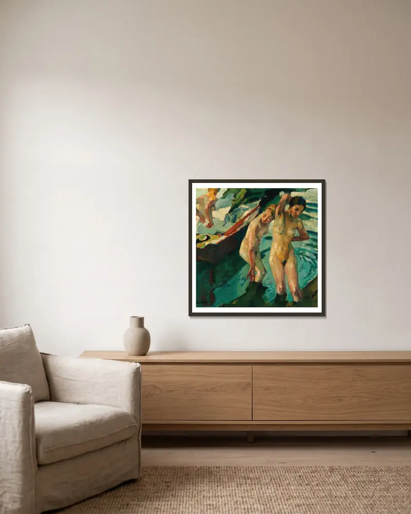 Badende von Leo Putz gerahmt an einer Wand