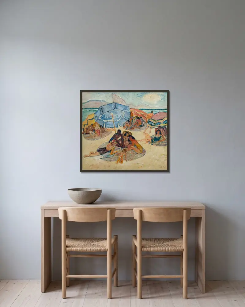 Det blåa parasollet framför Sockertoppen av Leo Putz inramad på en vägg