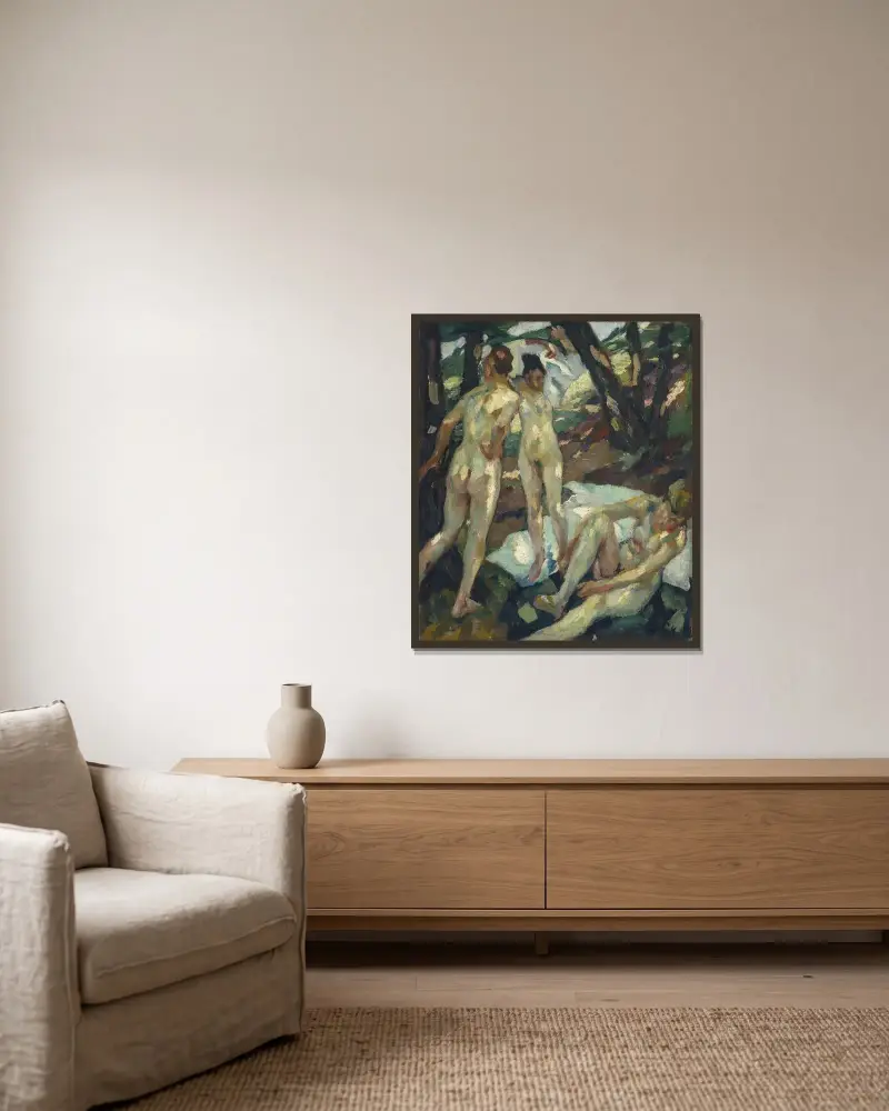 De badande (Hartmannsberg) av Leo Putz inramad på en vägg