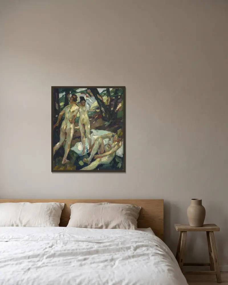 De badande (Hartmannsberg) av Leo Putz inramad på en vägg