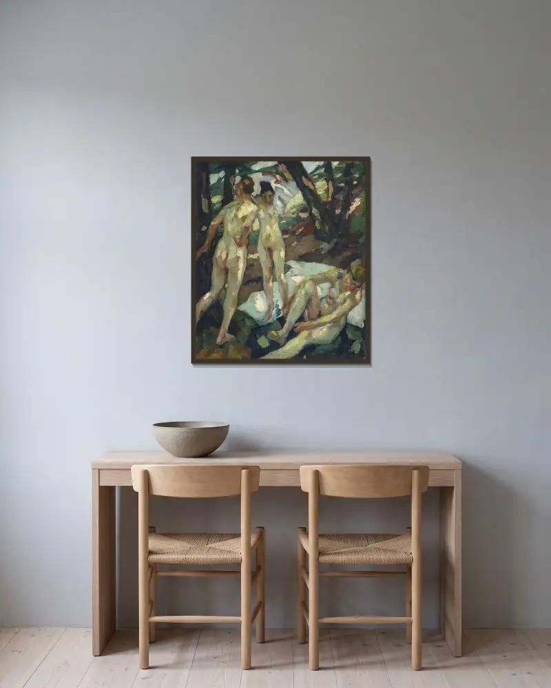 De badande (Hartmannsberg) av Leo Putz inramad på en vägg