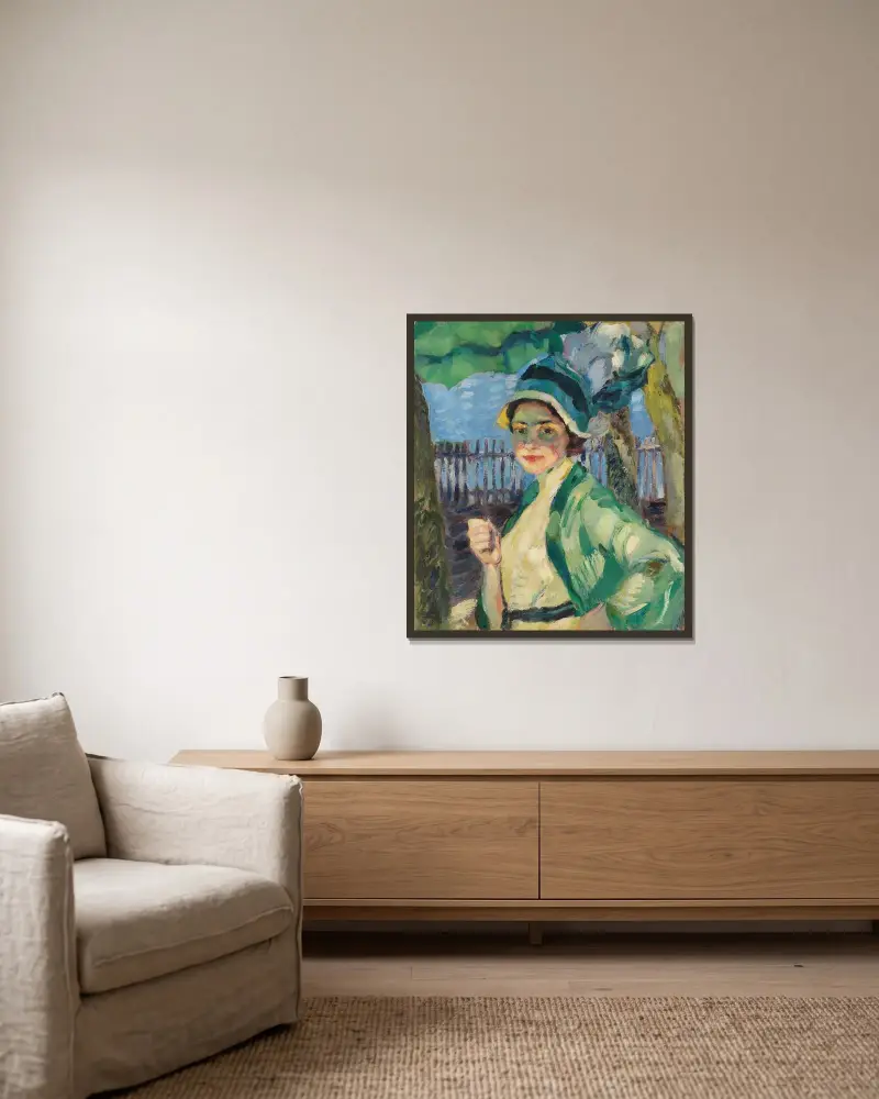 Porträtt av en dam under grönt parasoll (Frieda Blell) av Leo Putz inramad på en vägg