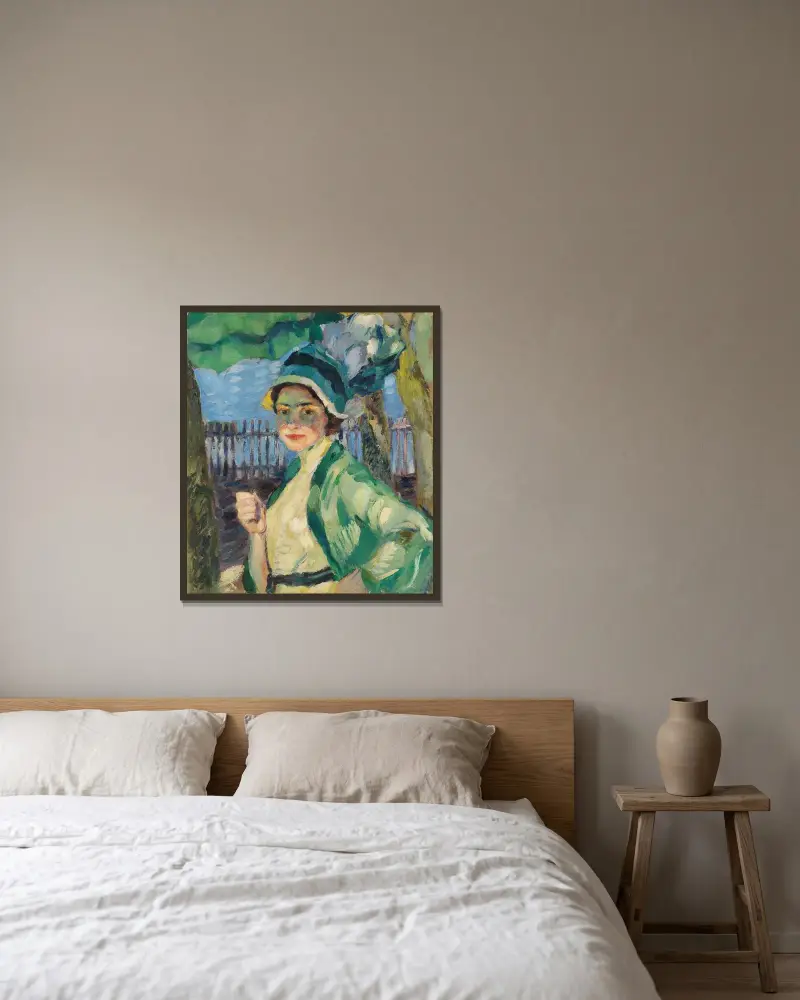 Porträtt av en dam under grönt parasoll (Frieda Blell) av Leo Putz inramad på en vägg