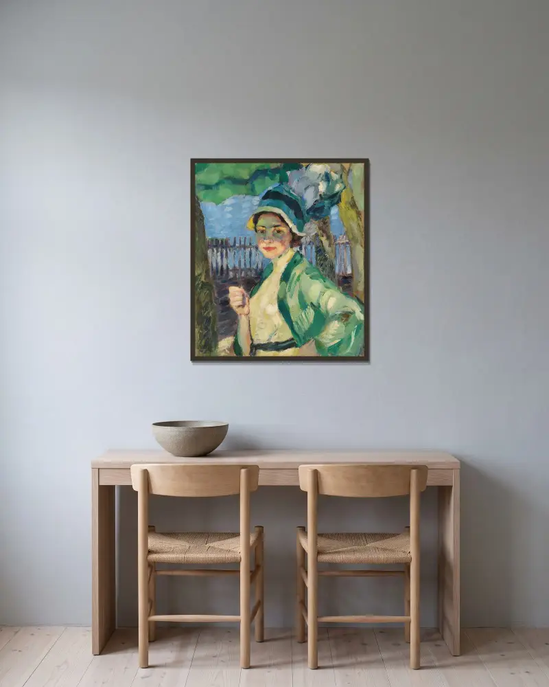 Porträtt av en dam under grönt parasoll (Frieda Blell) av Leo Putz inramad på en vägg