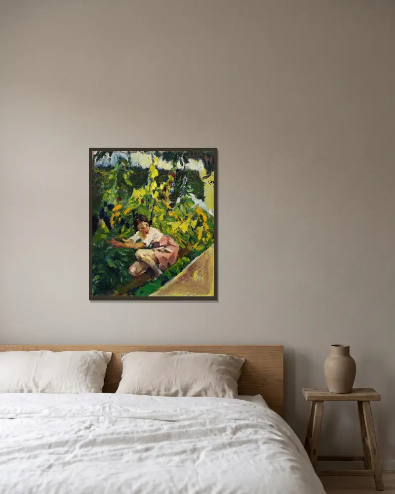 Toni im Blumenbeet av Leo Putz inramad på en vägg