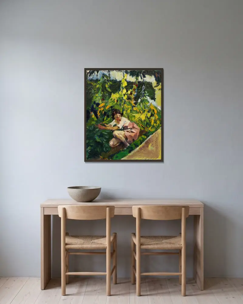 Toni im Blumenbeet av Leo Putz inramad på en vägg