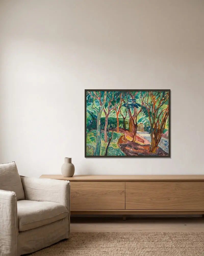 Vår fruktträdgård av Leo Putz inramad på en vägg